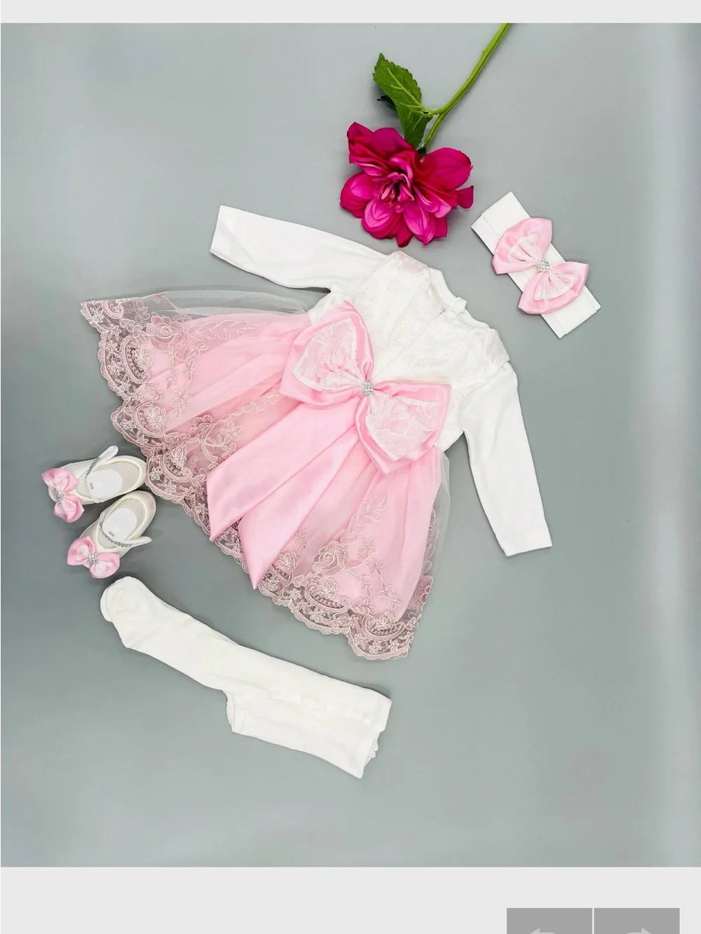 Baby Girl Pink Lace Bow Dress with Headband & Shoes